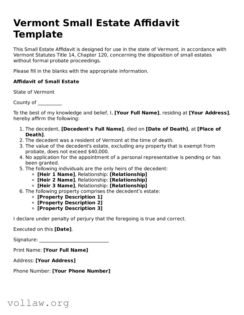 Attorney-Verified  Small Estate Affidavit Form for Vermont