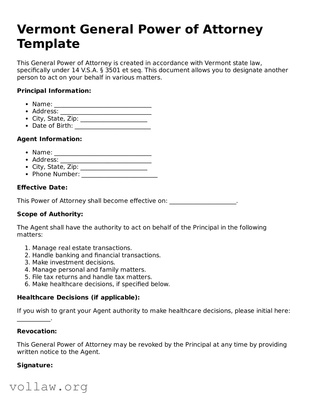 Attorney-Verified  General Power of Attorney Form for Vermont