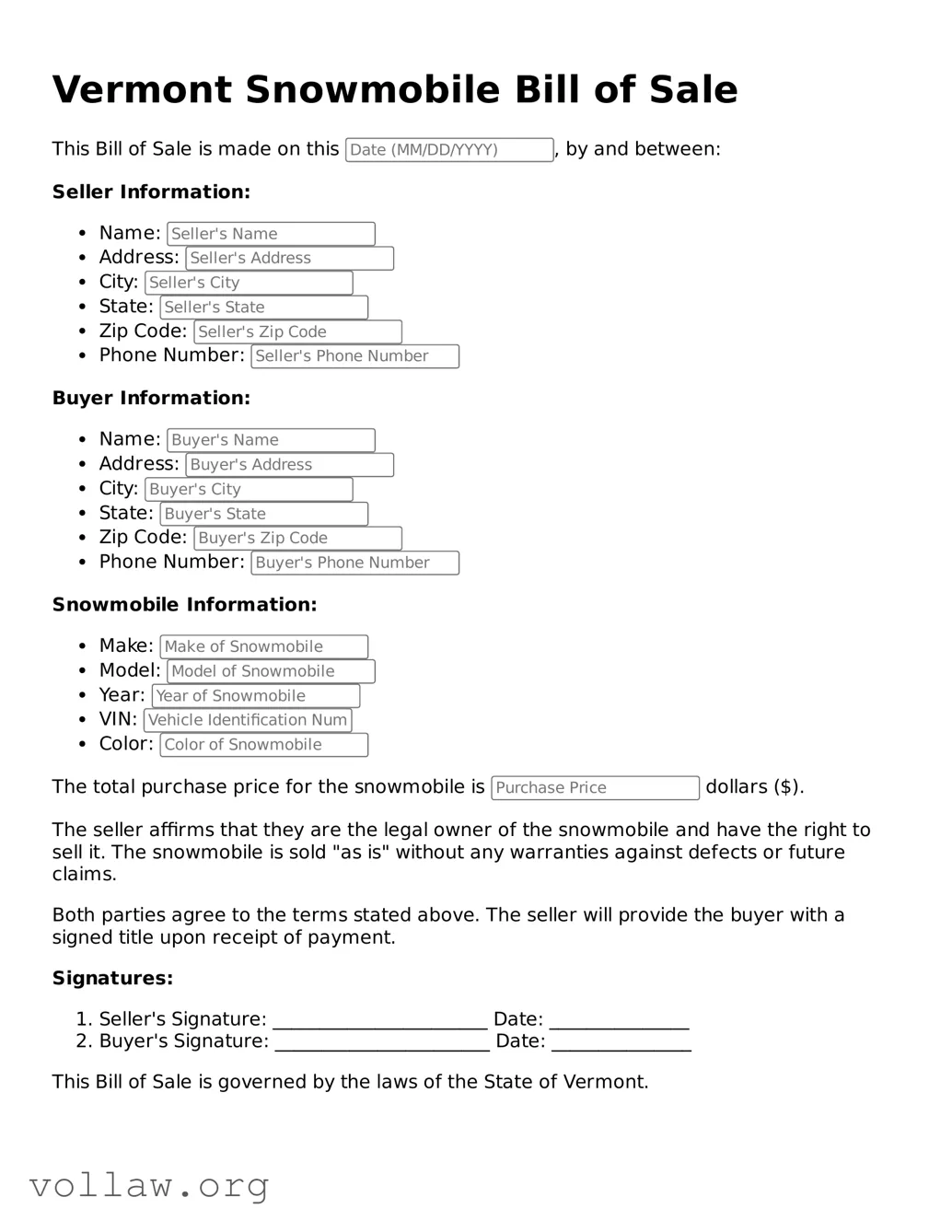 Attorney-Verified  Snowmobile Bill of Sale Form for Vermont