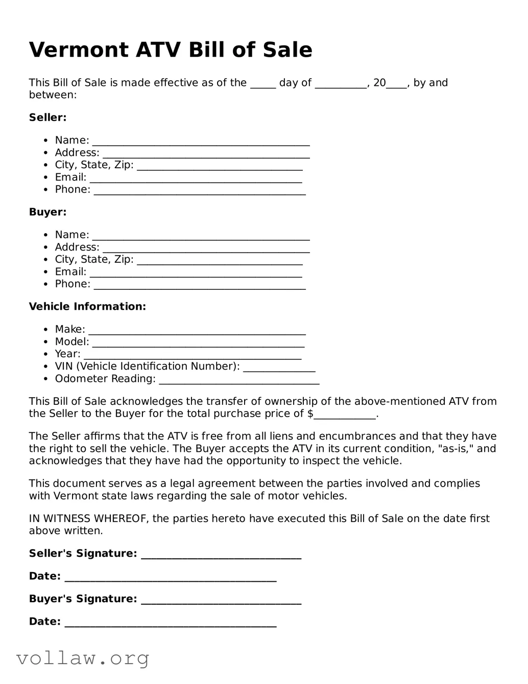 Attorney-Verified  ATV Bill of Sale Form for Vermont
