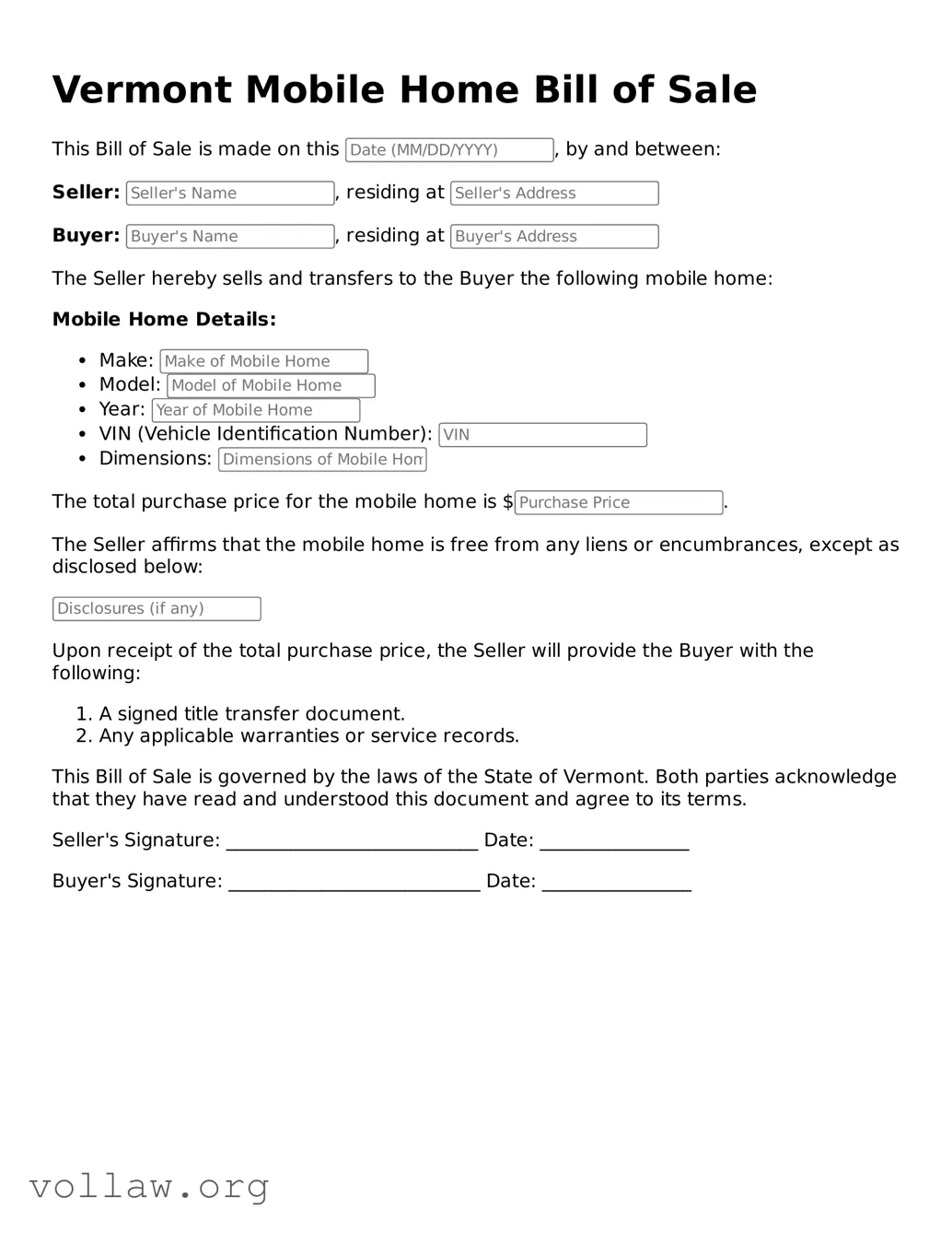 Attorney-Verified  Mobile Home Bill of Sale Form for Vermont