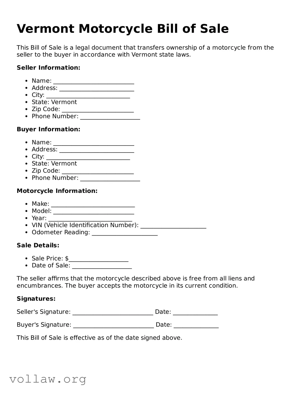 Attorney-Verified  Motorcycle Bill of Sale Form for Vermont