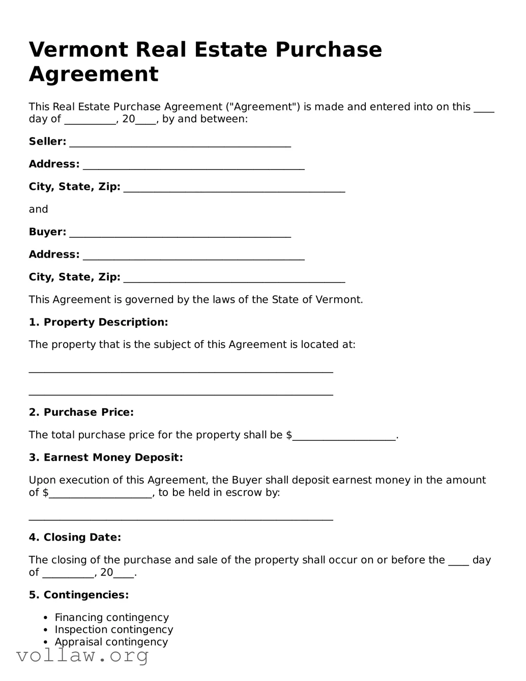 Attorney-Verified  Real Estate Purchase Agreement Form for Vermont
