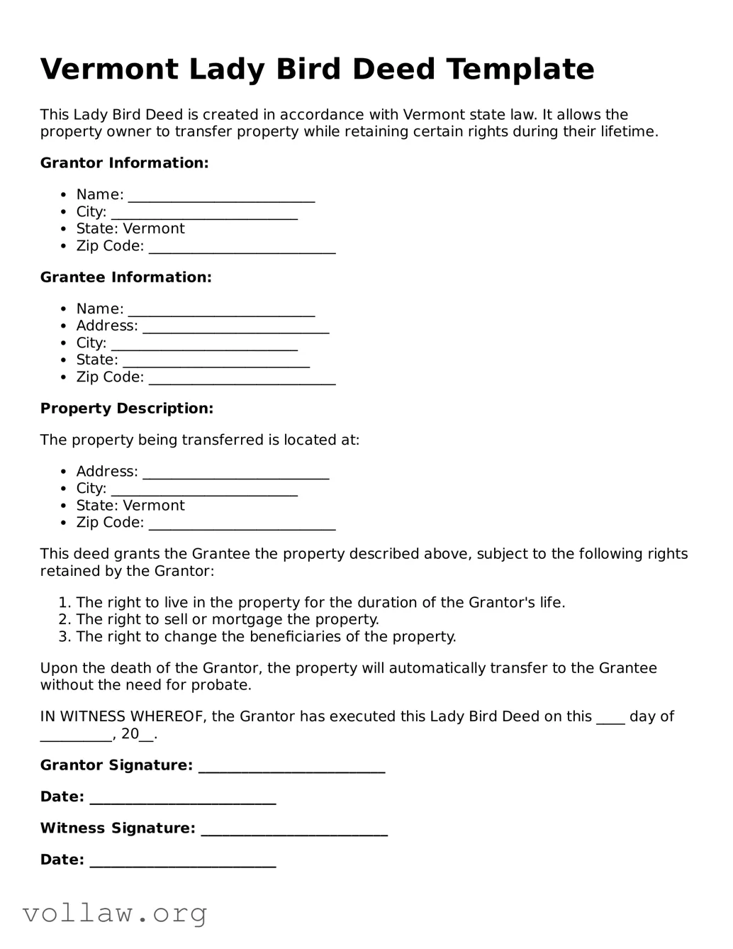 Attorney-Verified  Lady Bird Deed Form for Vermont