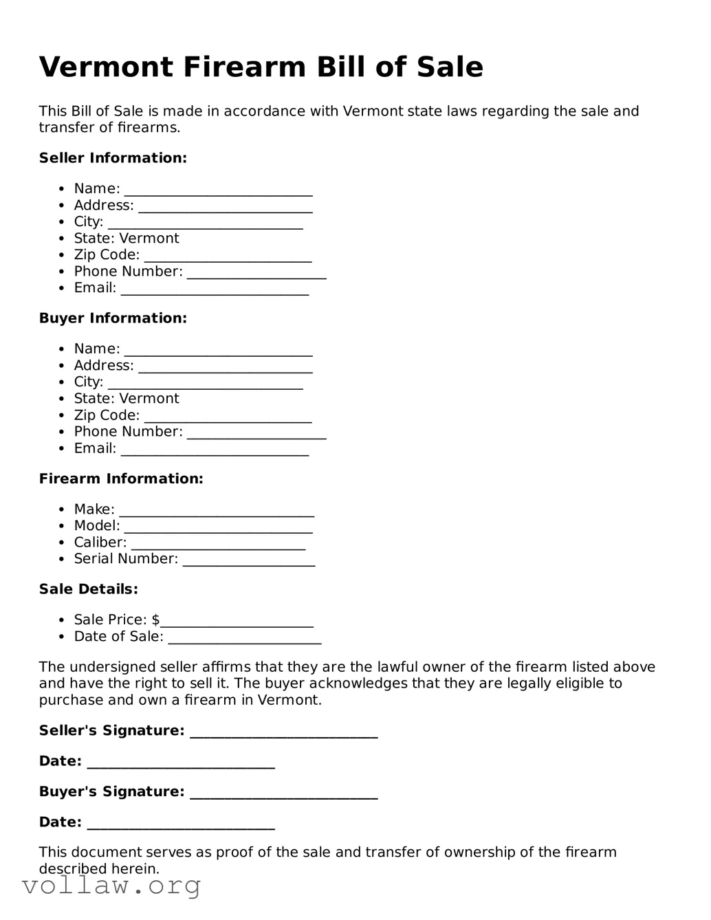 Attorney-Verified  Firearm Bill of Sale Form for Vermont