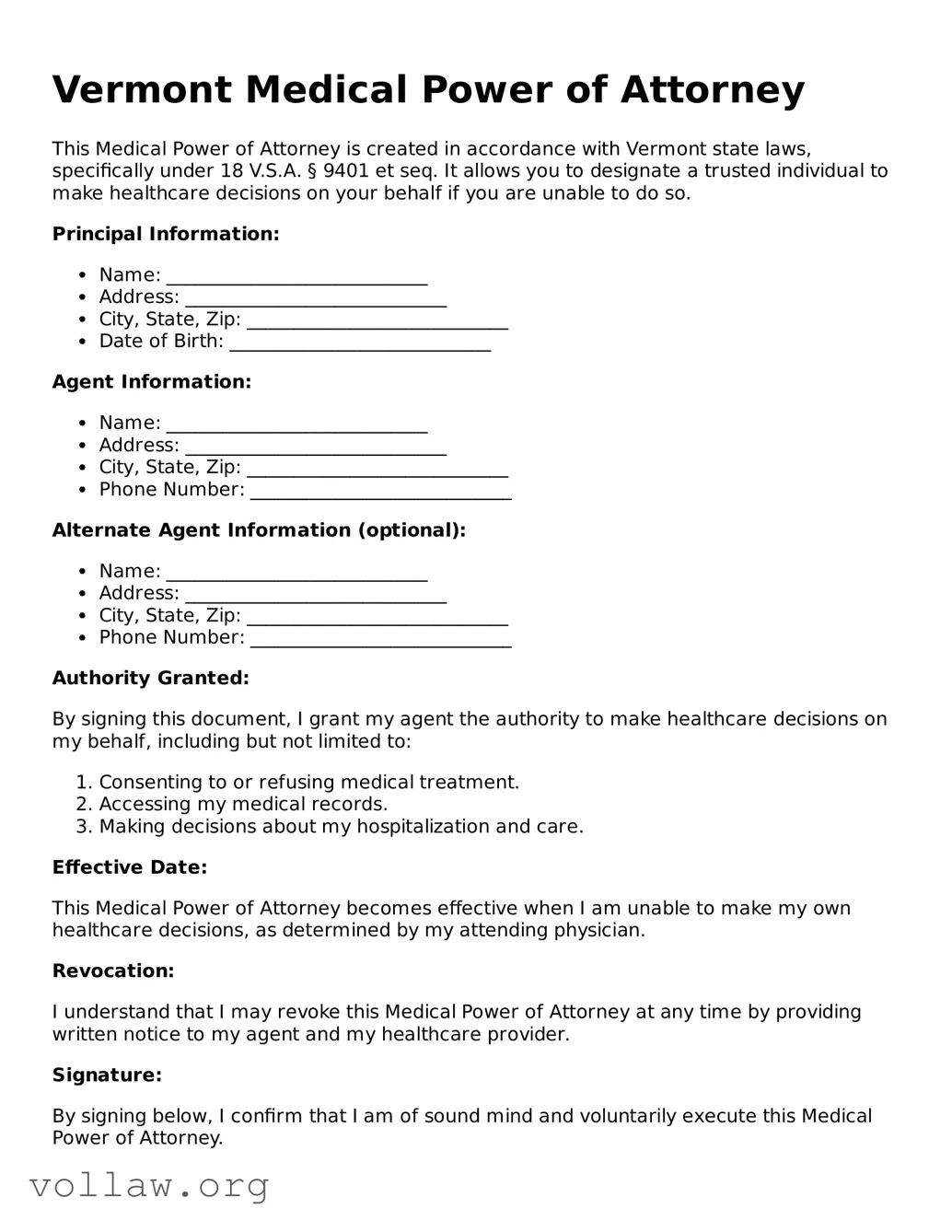 Attorney-Verified  Medical Power of Attorney Form for Vermont