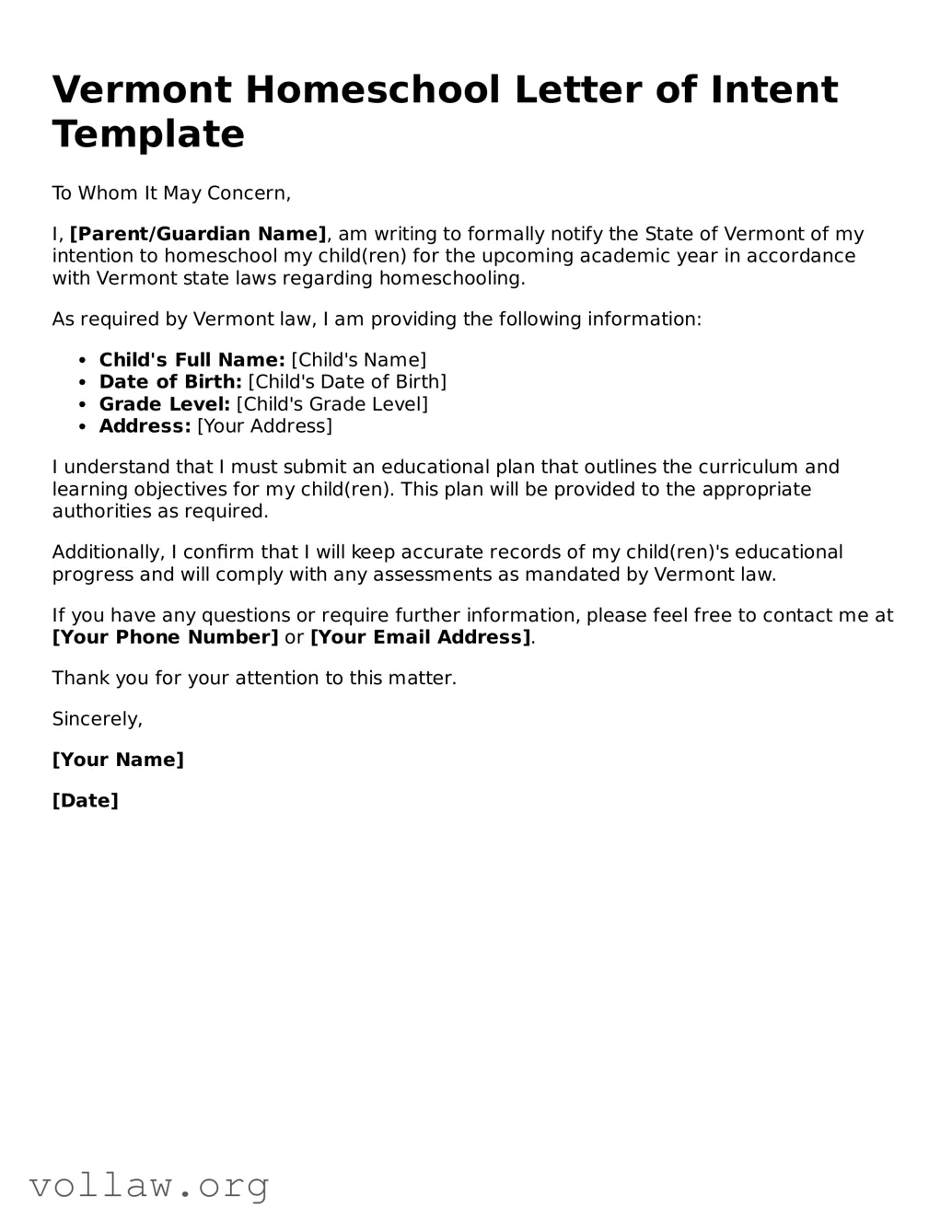 Attorney-Verified  Homeschool Letter of Intent Form for Vermont