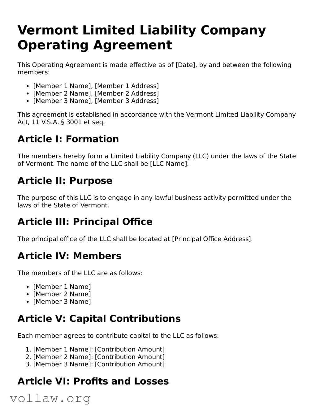Attorney-Verified  Operating Agreement Form for Vermont