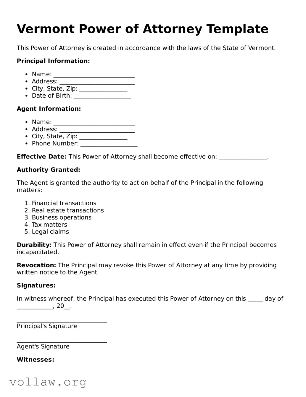 Attorney-Verified  Power of Attorney Form for Vermont