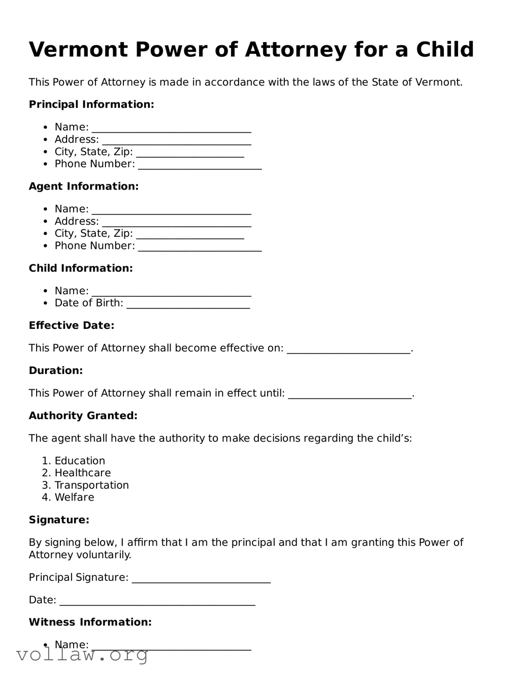 Attorney-Verified  Power of Attorney for a Child Form for Vermont