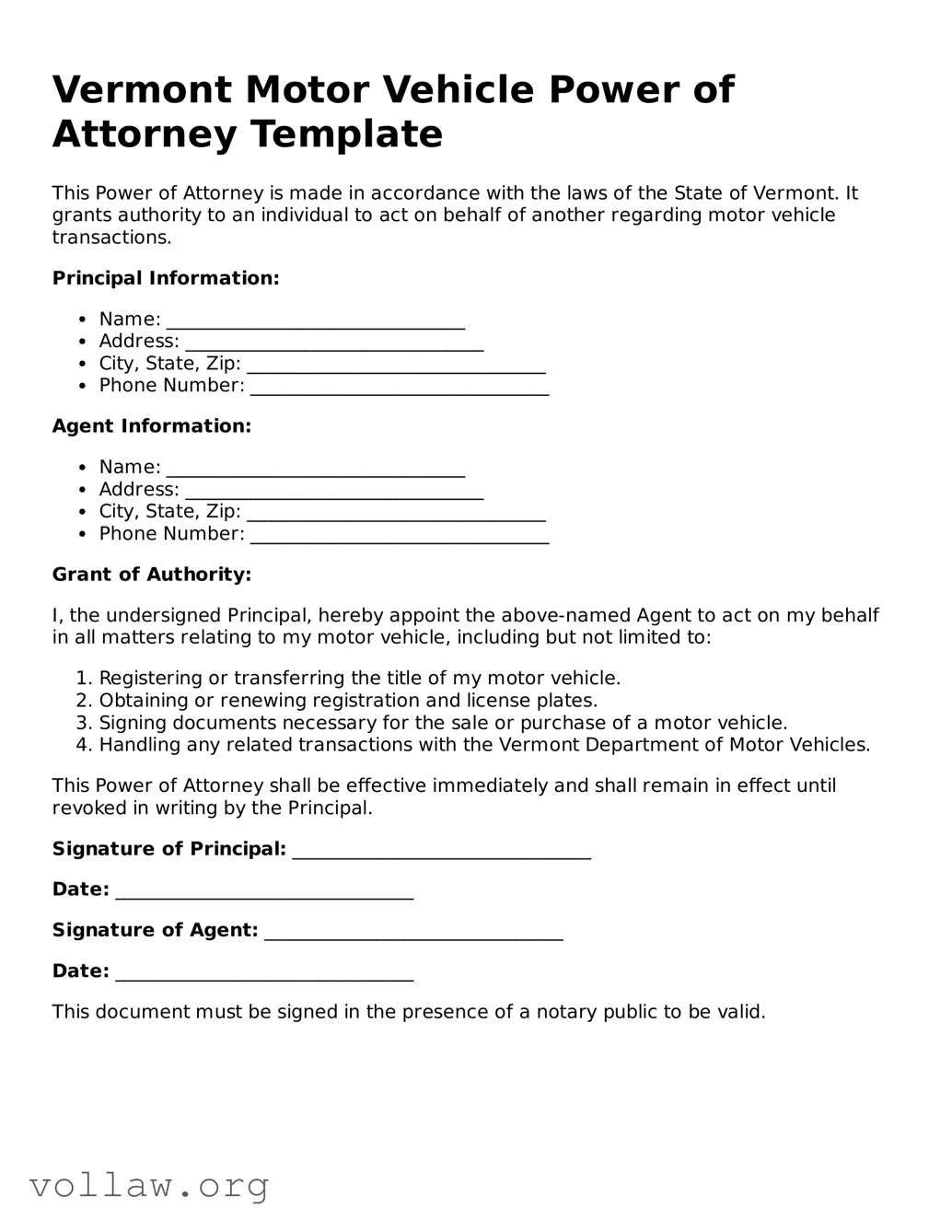 Attorney-Verified  Motor Vehicle Power of Attorney Form for Vermont