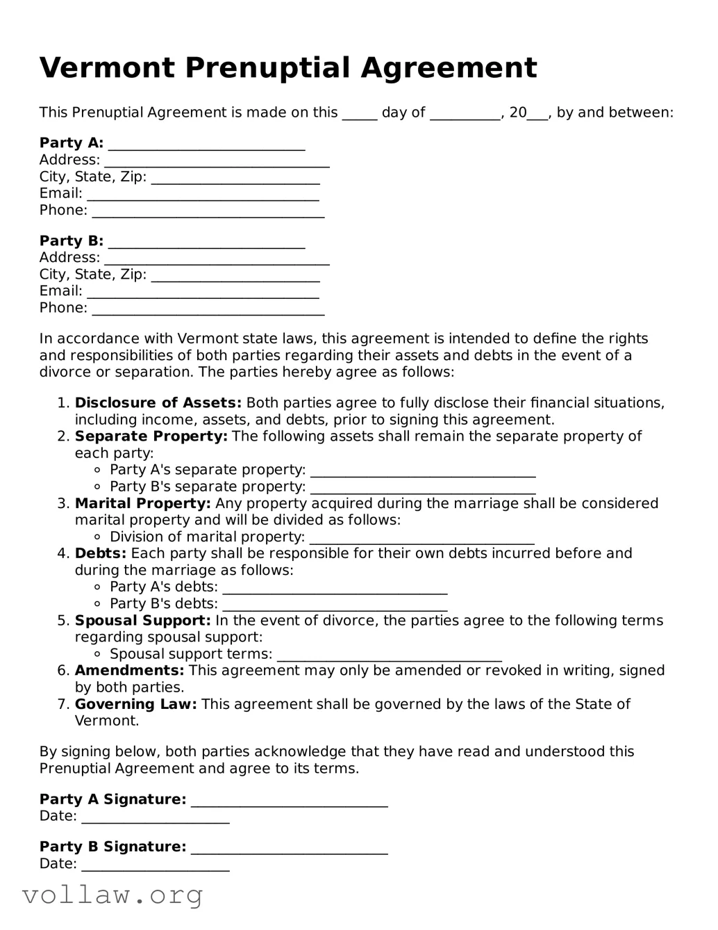 Attorney-Verified  Prenuptial Agreement Form for Vermont