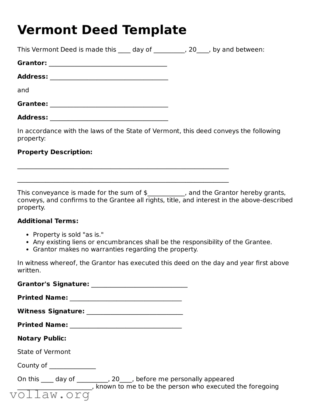 Attorney-Verified  Deed Form for Vermont