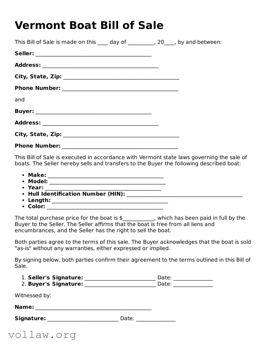 Attorney-Verified  Boat Bill of Sale Form for Vermont