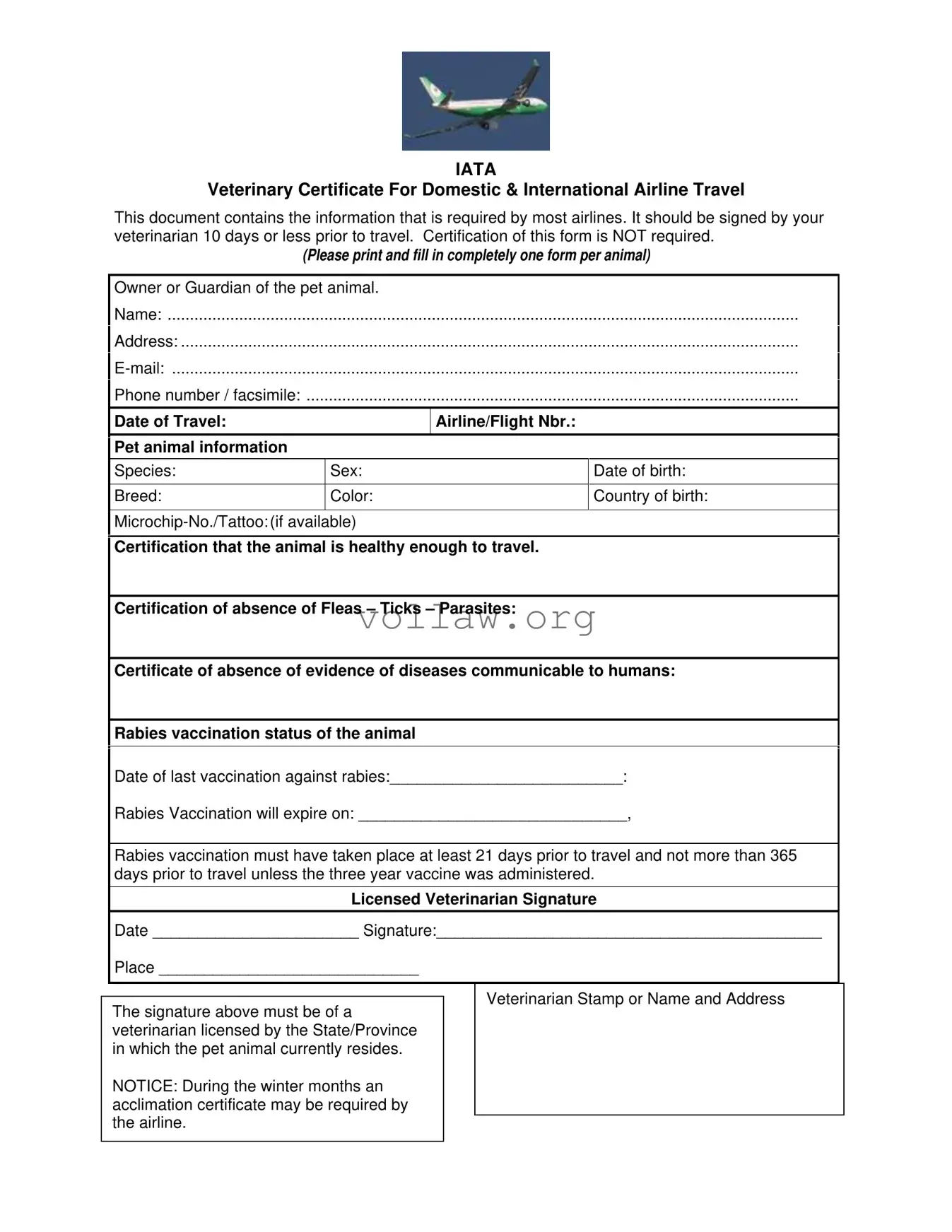 Veterinary Certificate Travel Template