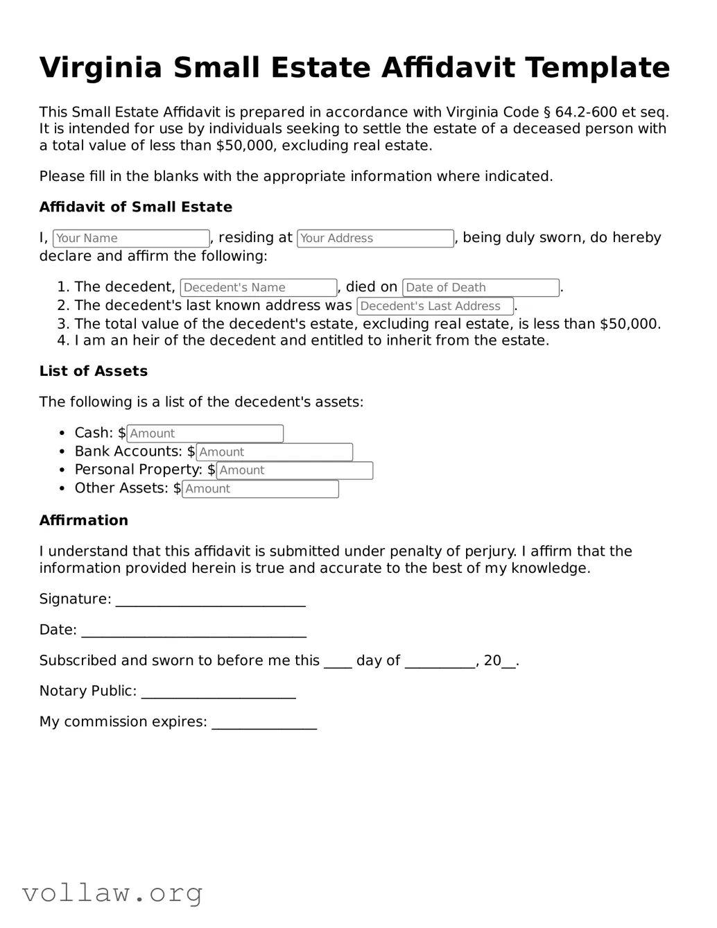 Attorney-Verified  Small Estate Affidavit Form for Virginia