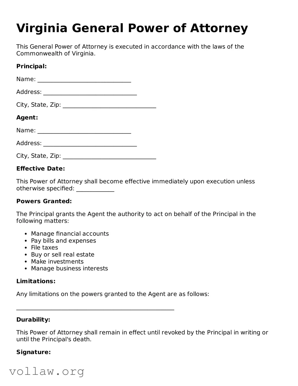 Attorney-Verified  General Power of Attorney Form for Virginia