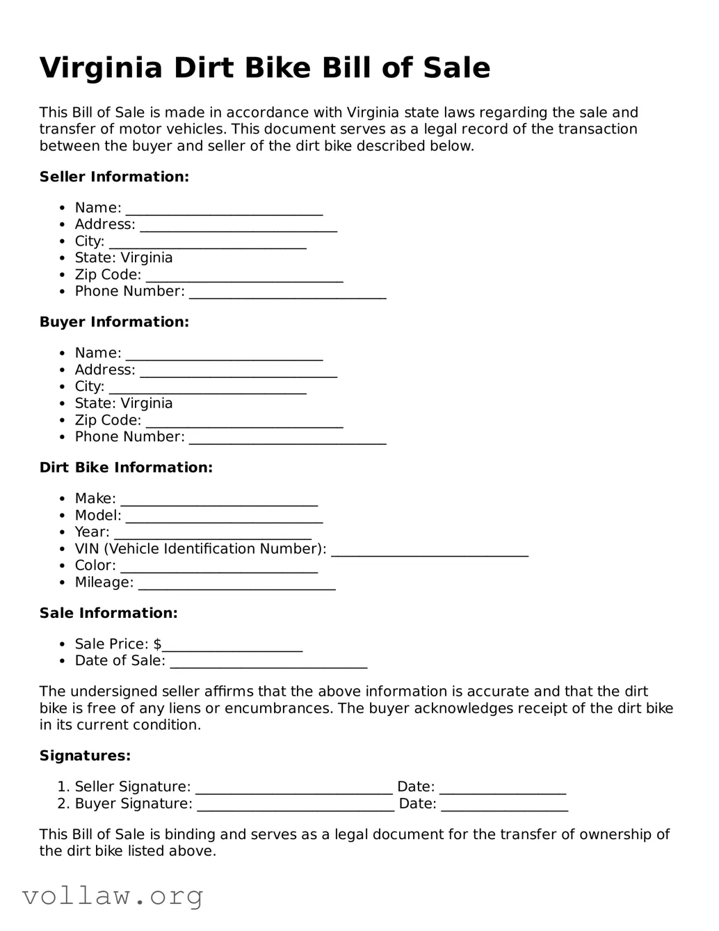 Attorney-Verified  Dirt Bike Bill of Sale Form for Virginia
