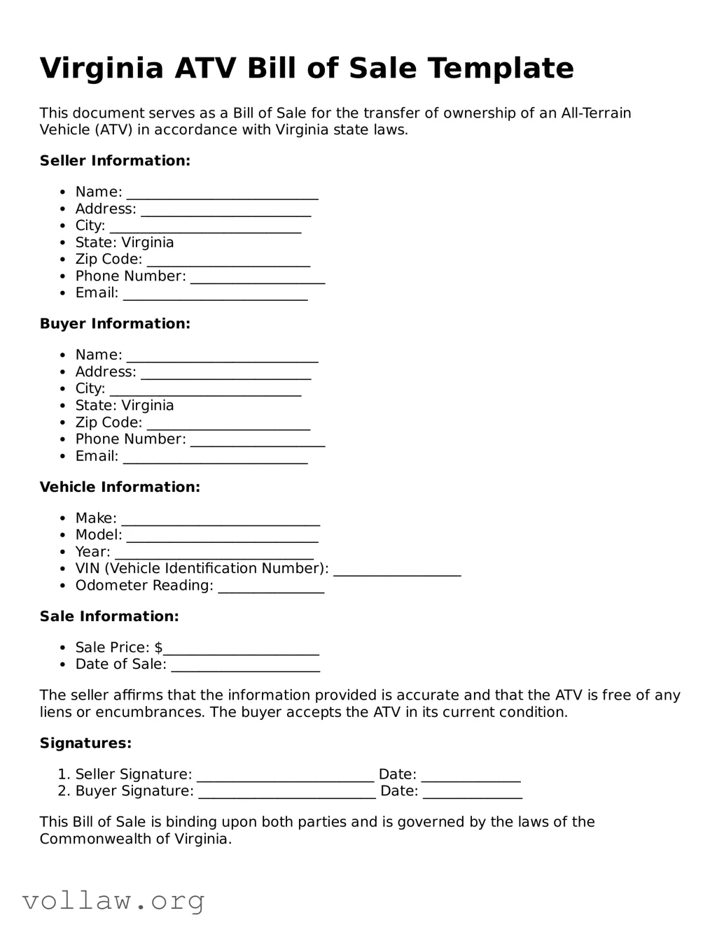 Attorney-Verified  ATV Bill of Sale Form for Virginia