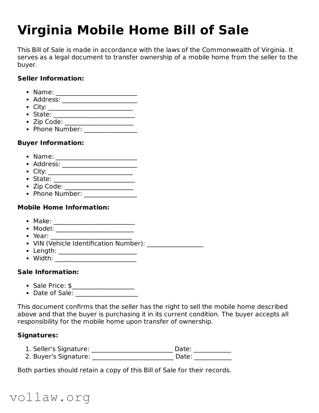 Attorney-Verified  Mobile Home Bill of Sale Form for Virginia