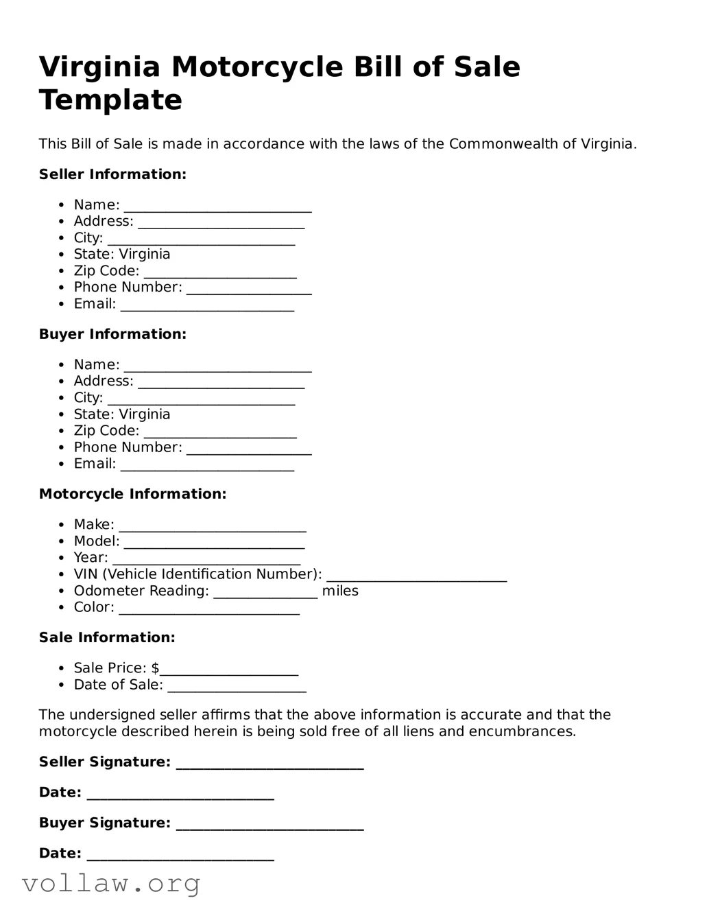 Attorney-Verified  Motorcycle Bill of Sale Form for Virginia