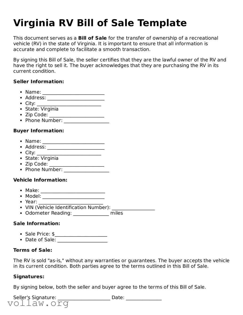 Attorney-Verified  RV Bill of Sale Form for Virginia