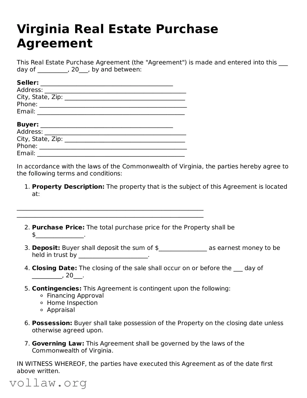 Attorney-Verified  Real Estate Purchase Agreement Form for Virginia