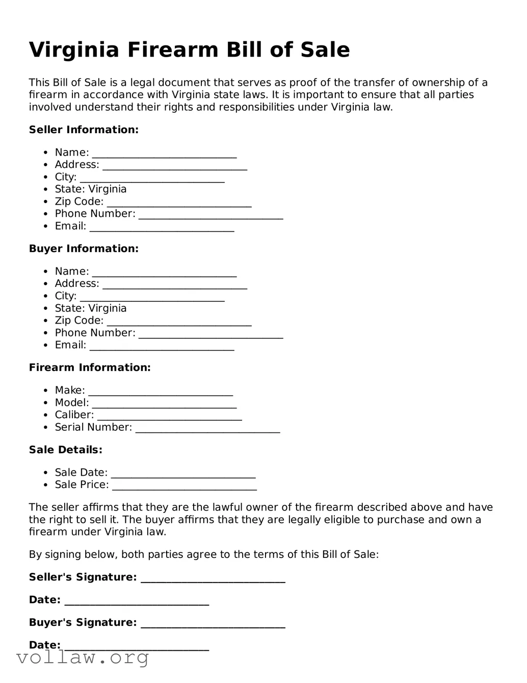Attorney-Verified  Firearm Bill of Sale Form for Virginia
