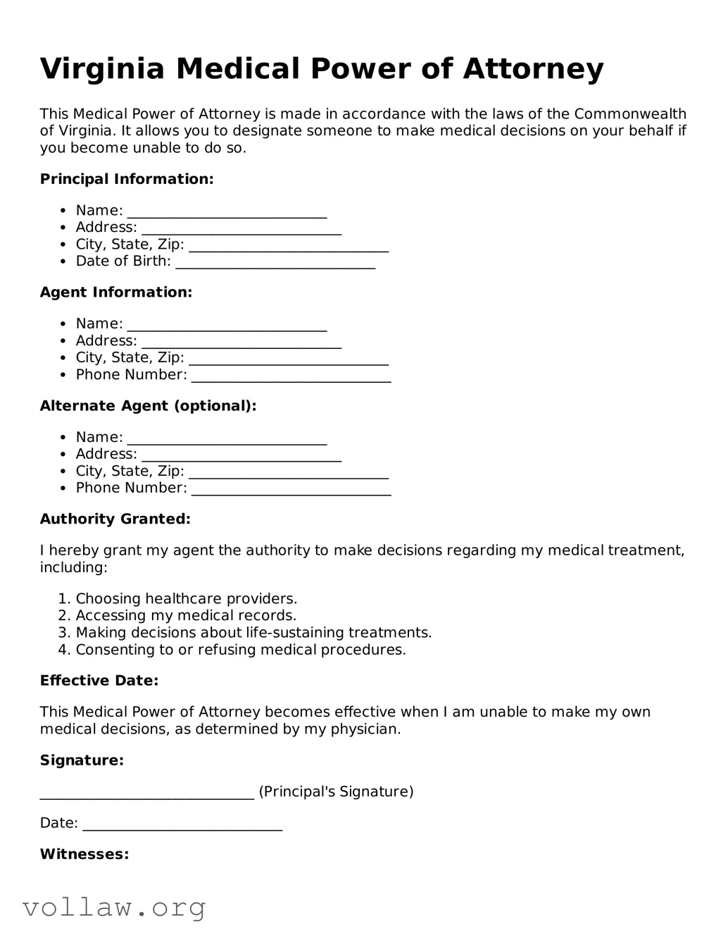 Attorney-Verified  Medical Power of Attorney Form for Virginia