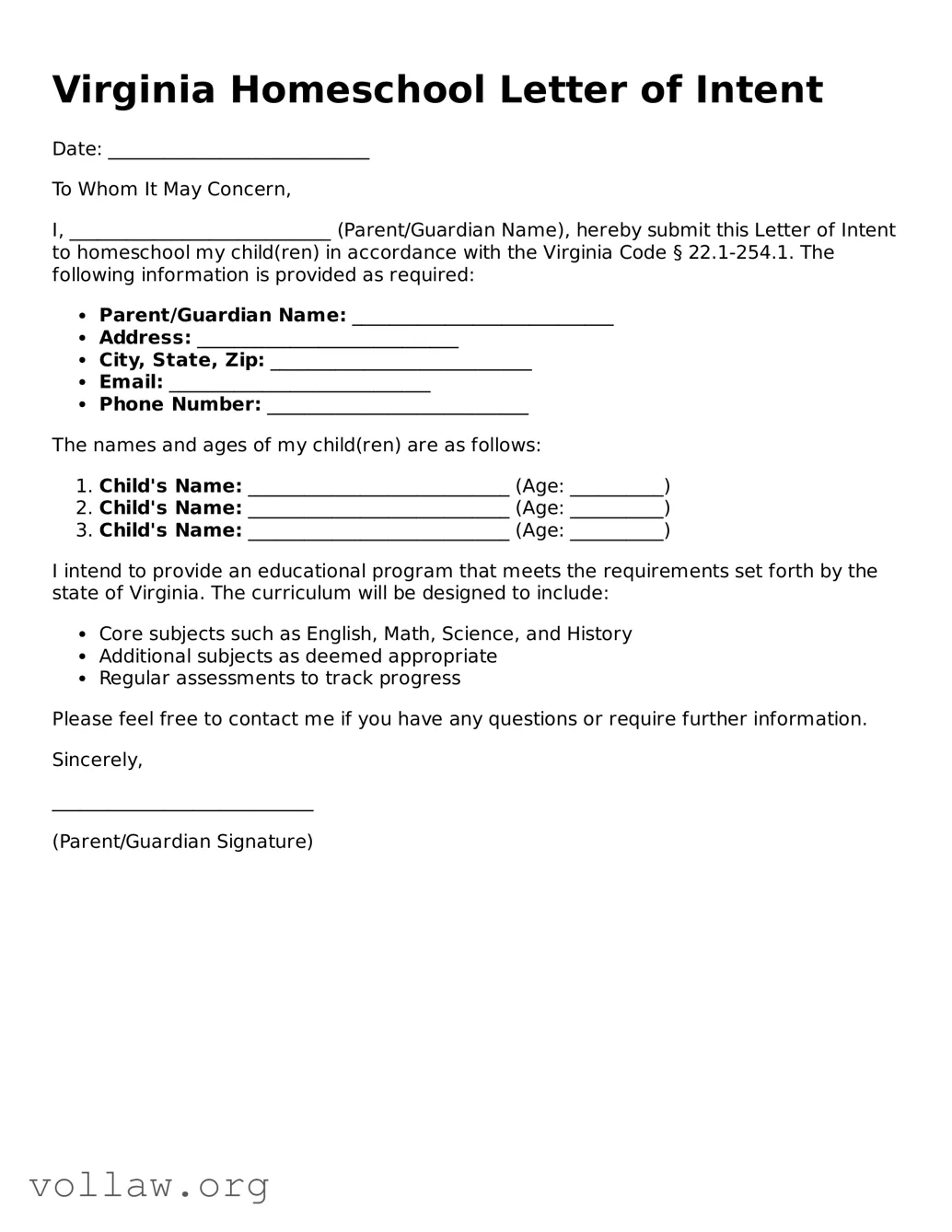 Attorney-Verified  Homeschool Letter of Intent Form for Virginia