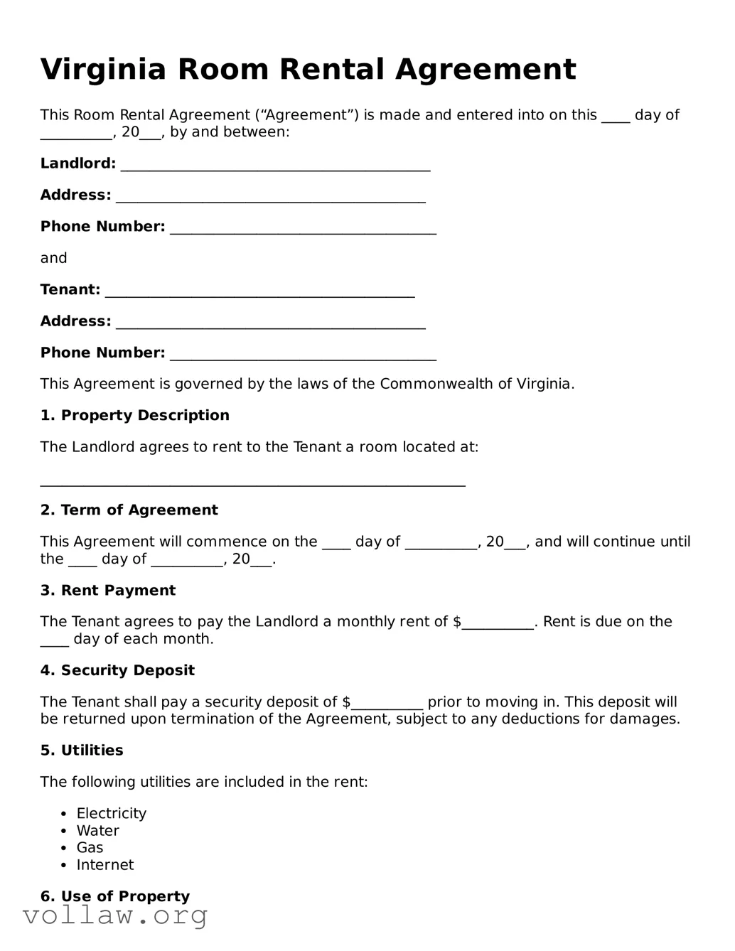 Attorney-Verified  Room Rental Agreement Form for Virginia