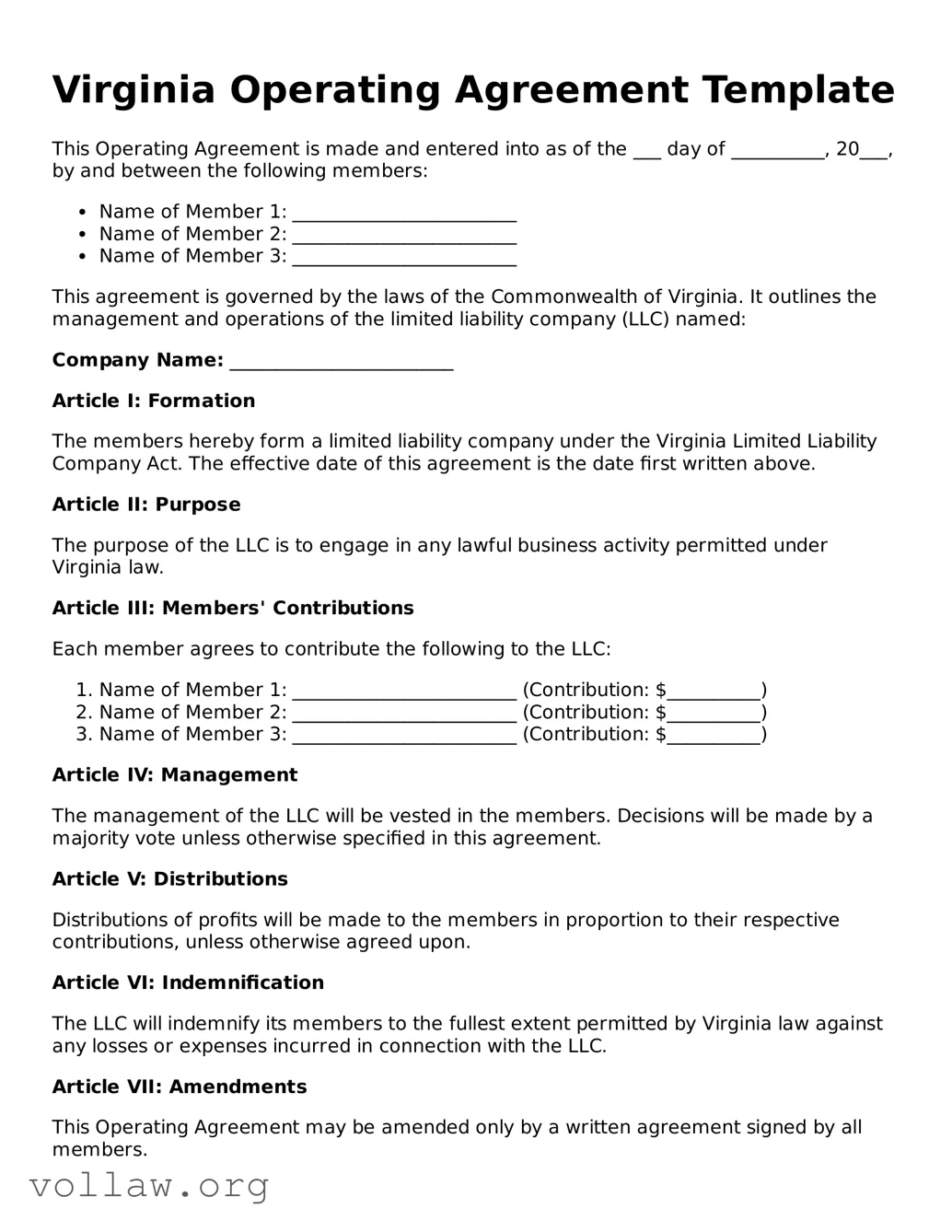 Attorney-Verified  Operating Agreement Form for Virginia