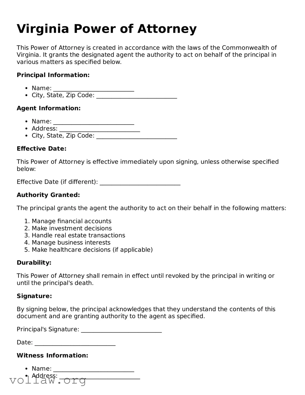 Attorney-Verified  Power of Attorney Form for Virginia