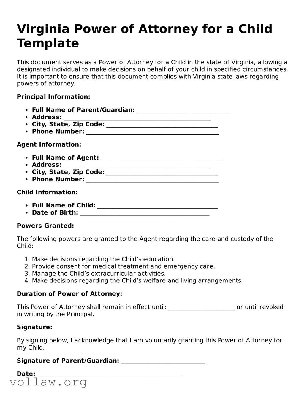 Attorney-Verified  Power of Attorney for a Child Form for Virginia