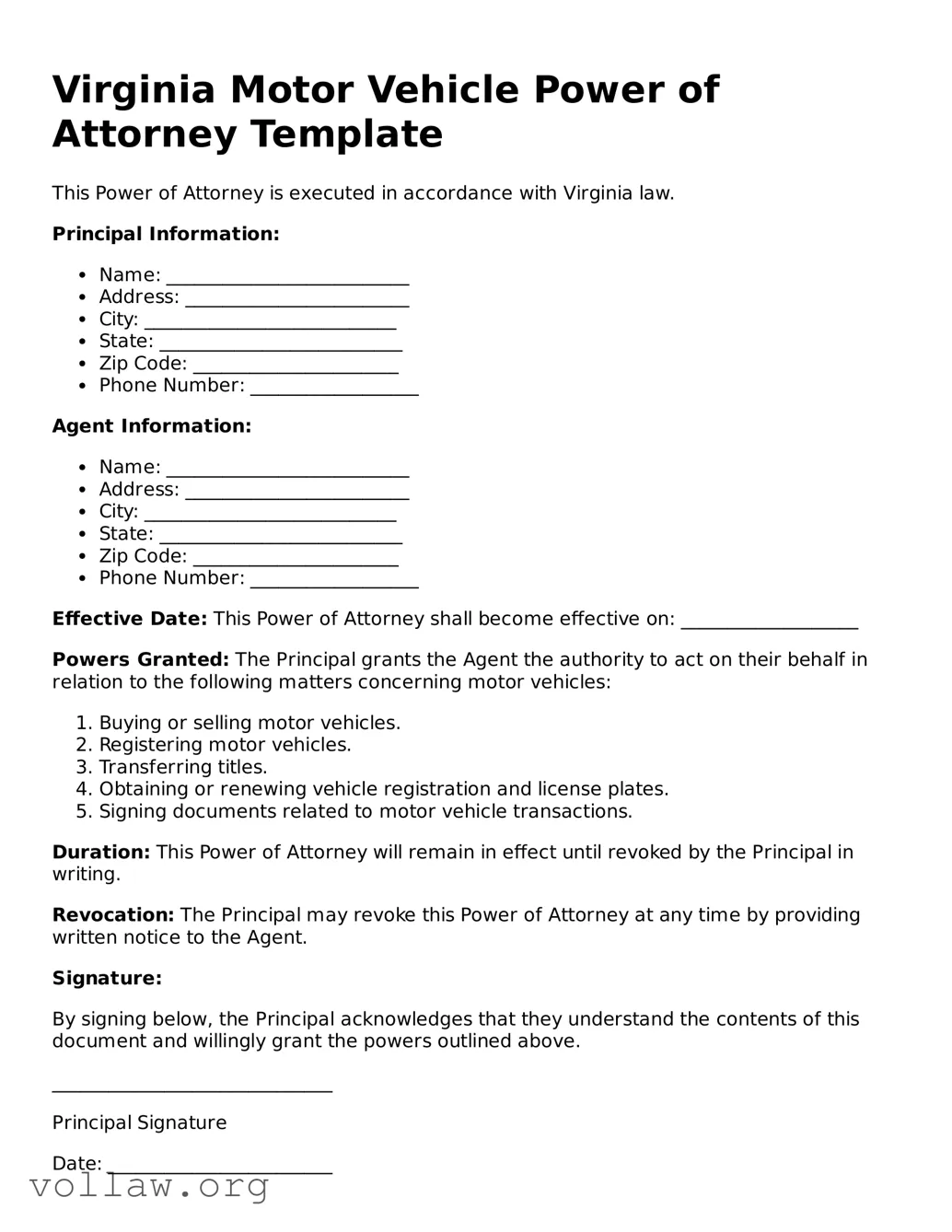 Attorney-Verified  Motor Vehicle Power of Attorney Form for Virginia