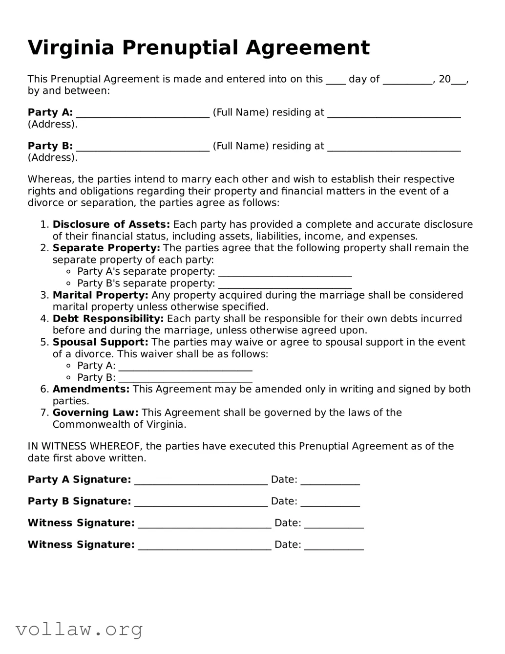 Attorney-Verified  Prenuptial Agreement Form for Virginia