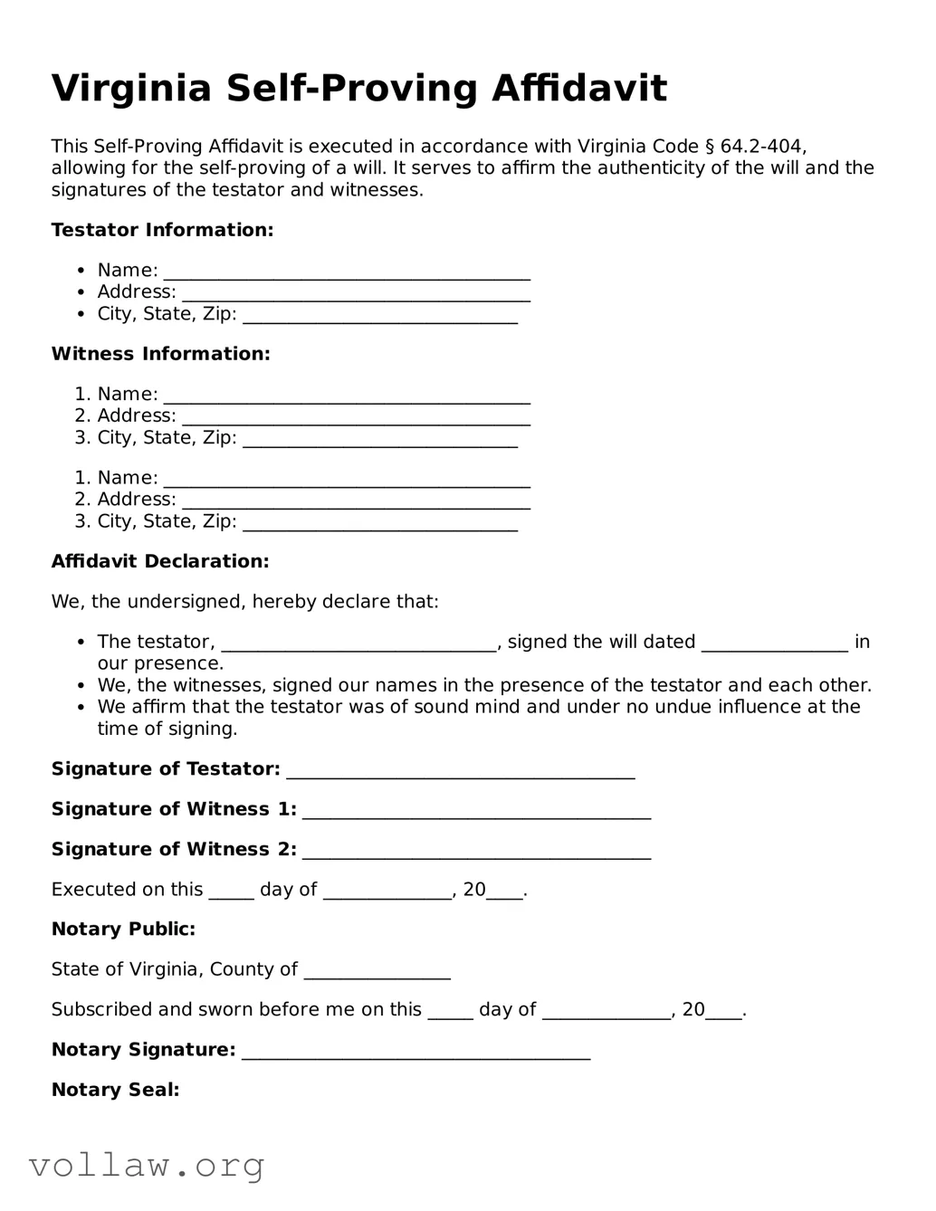 Attorney-Verified  Self-Proving Affidavit Form for Virginia