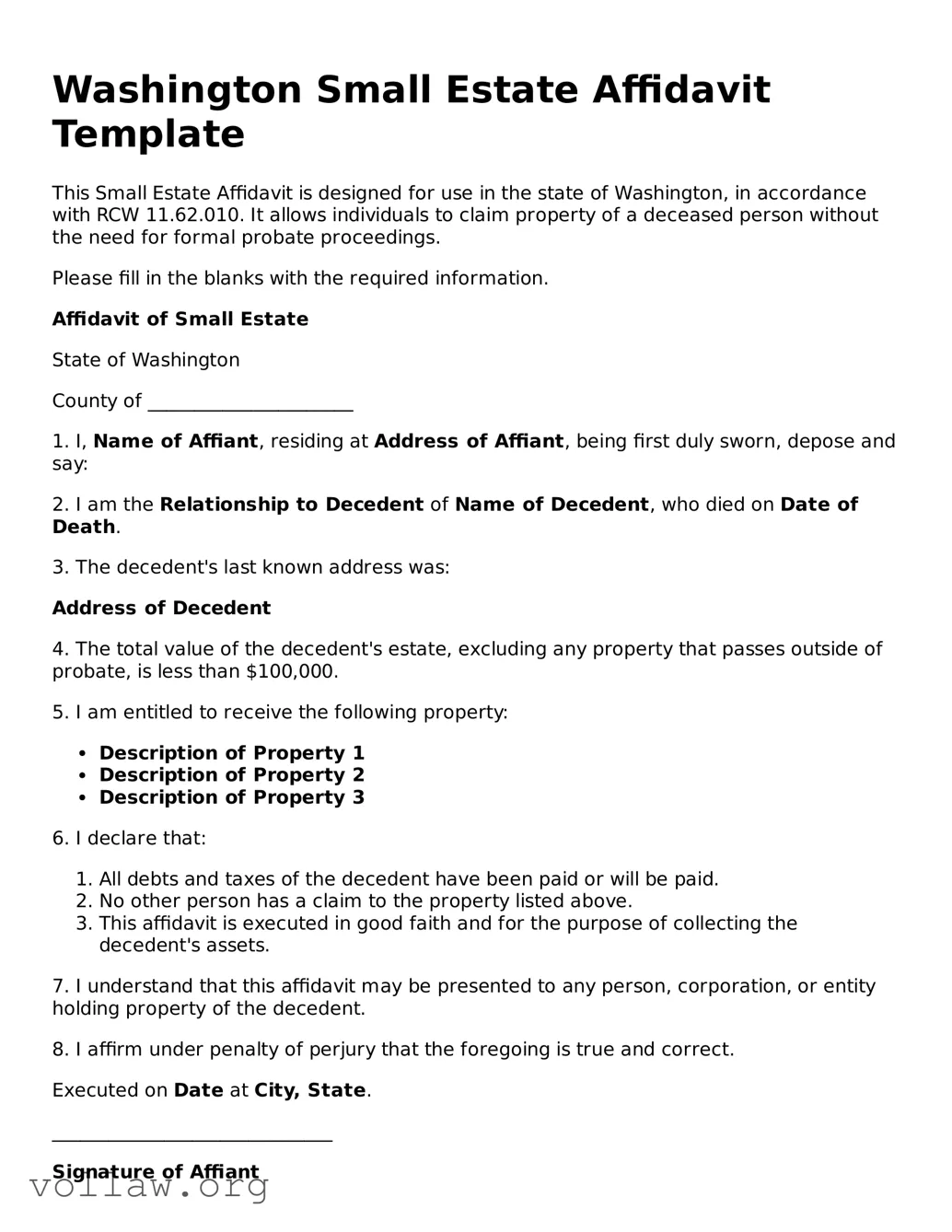 Attorney-Verified  Small Estate Affidavit Form for Washington