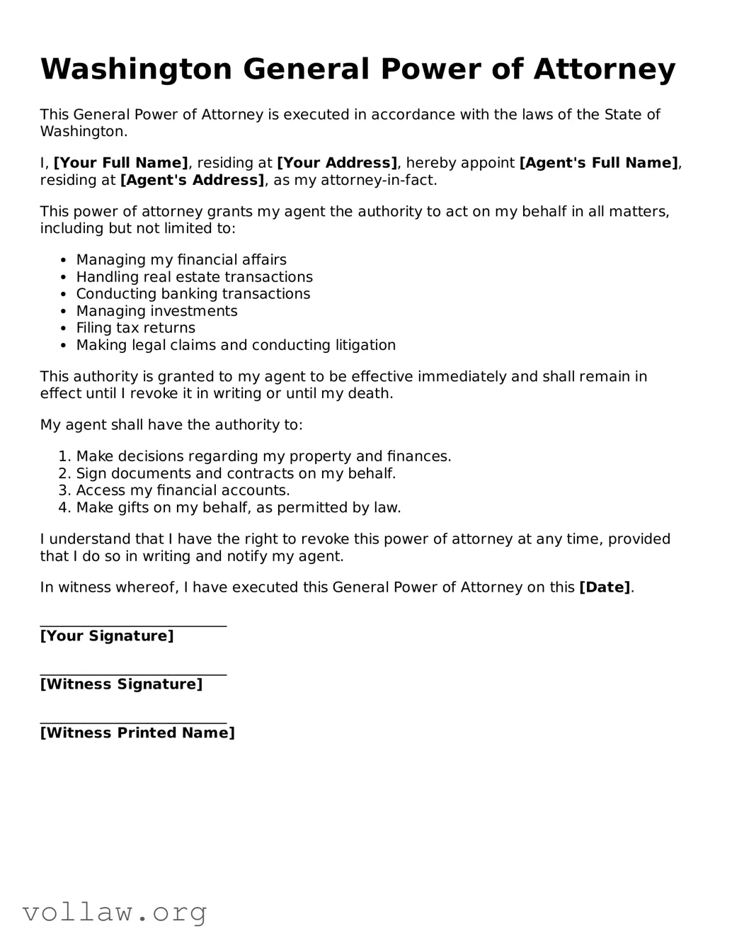 Attorney-Verified  General Power of Attorney Form for Washington