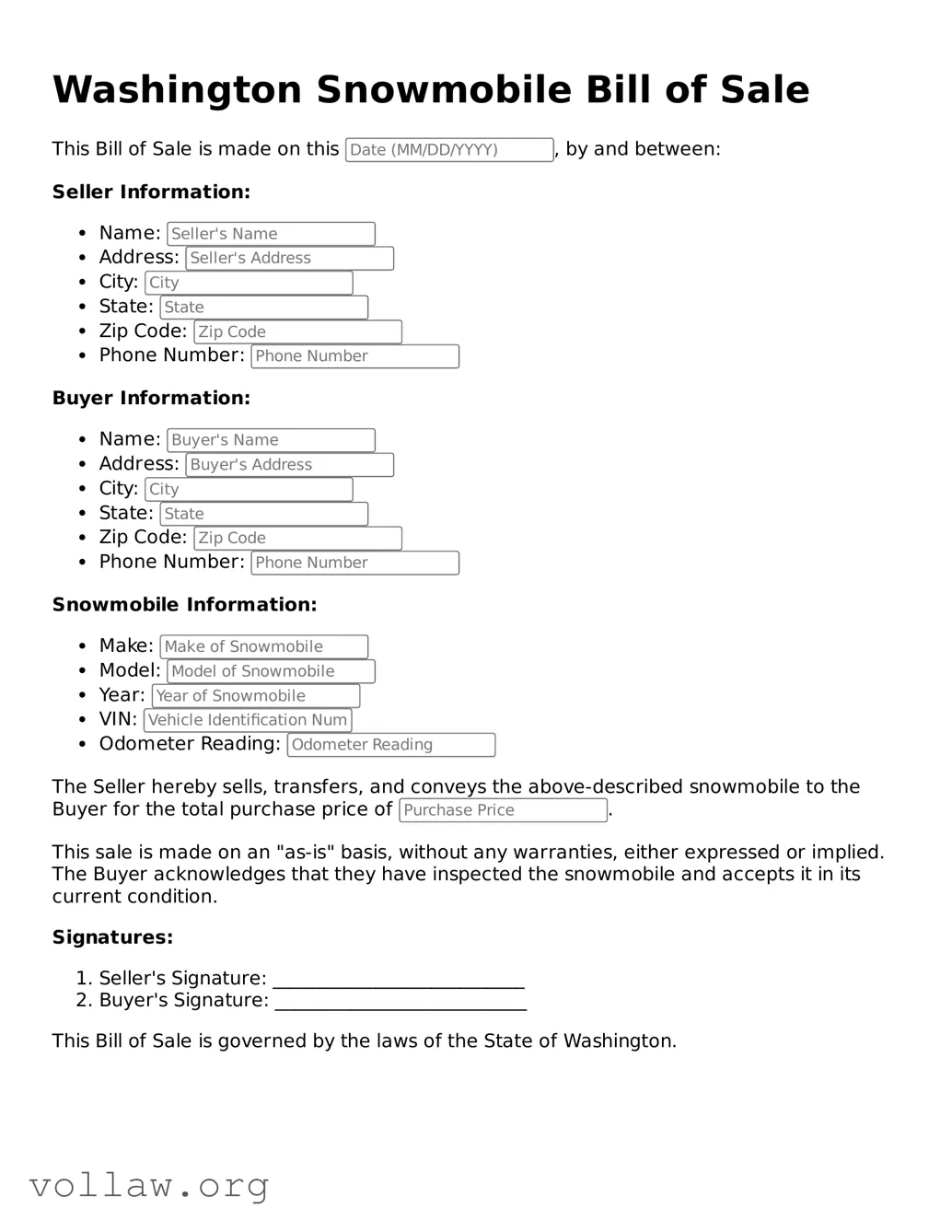 Attorney-Verified  Snowmobile Bill of Sale Form for Washington