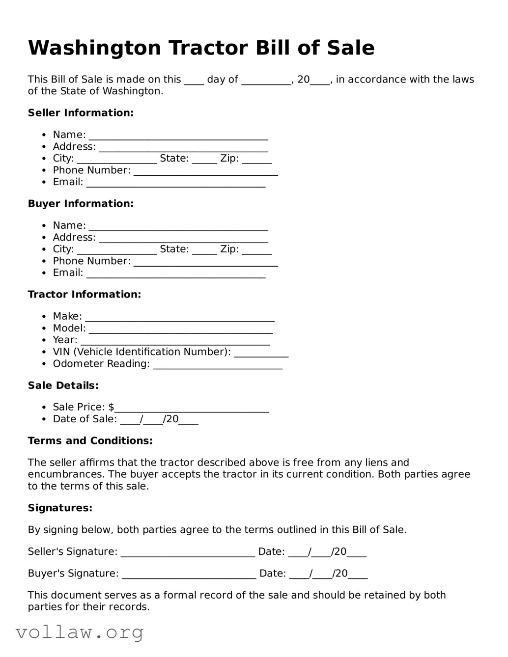 Attorney-Verified  Tractor Bill of Sale Form for Washington