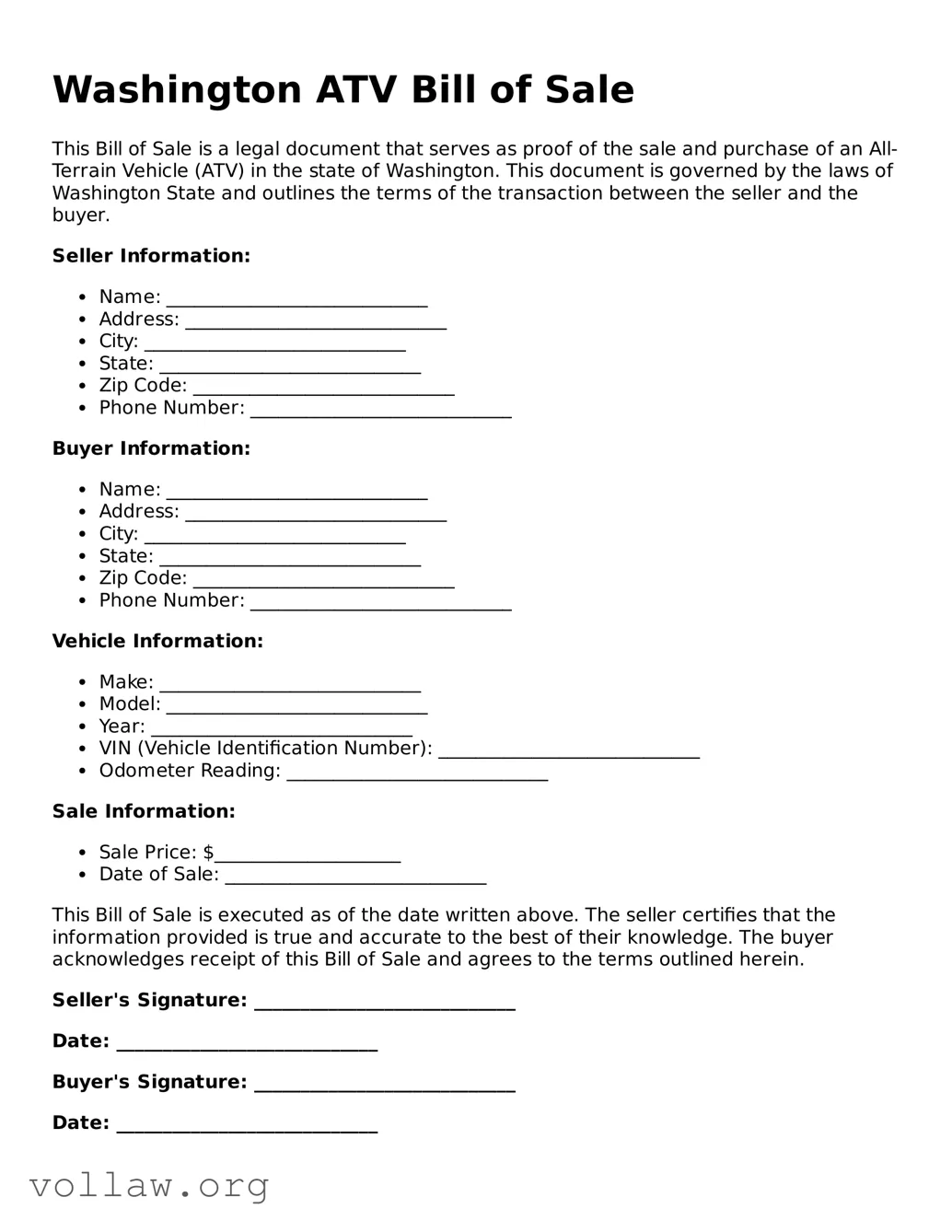 Attorney-Verified  ATV Bill of Sale Form for Washington
