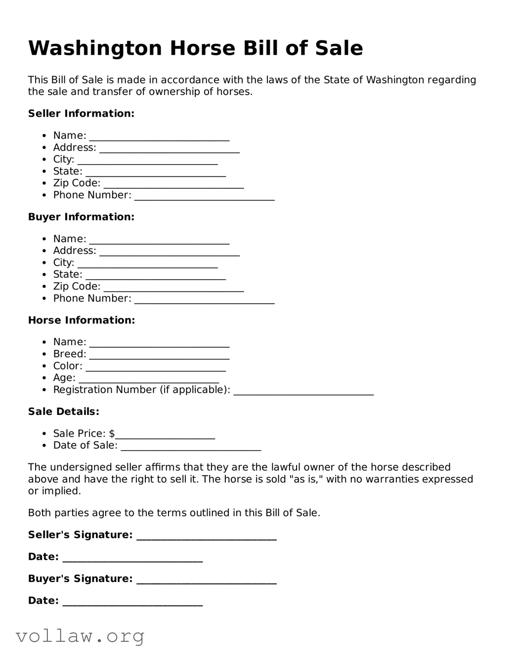 Attorney-Verified  Horse Bill of Sale Form for Washington