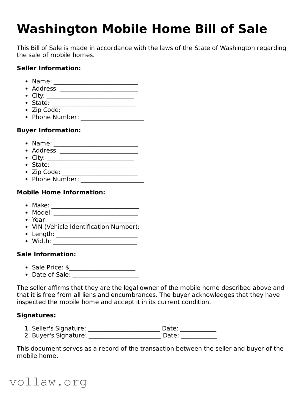 Attorney-Verified  Mobile Home Bill of Sale Form for Washington