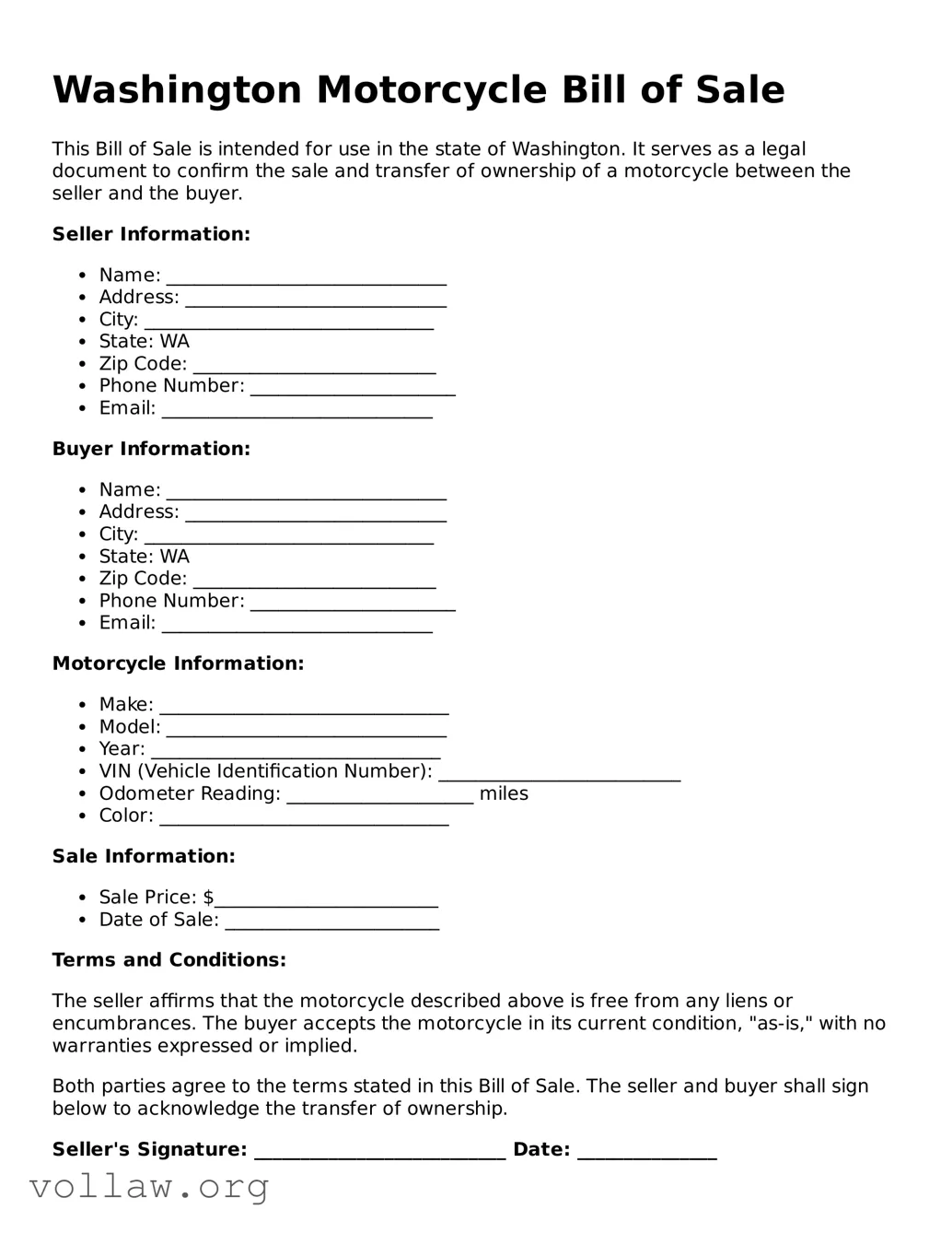 Attorney-Verified  Motorcycle Bill of Sale Form for Washington