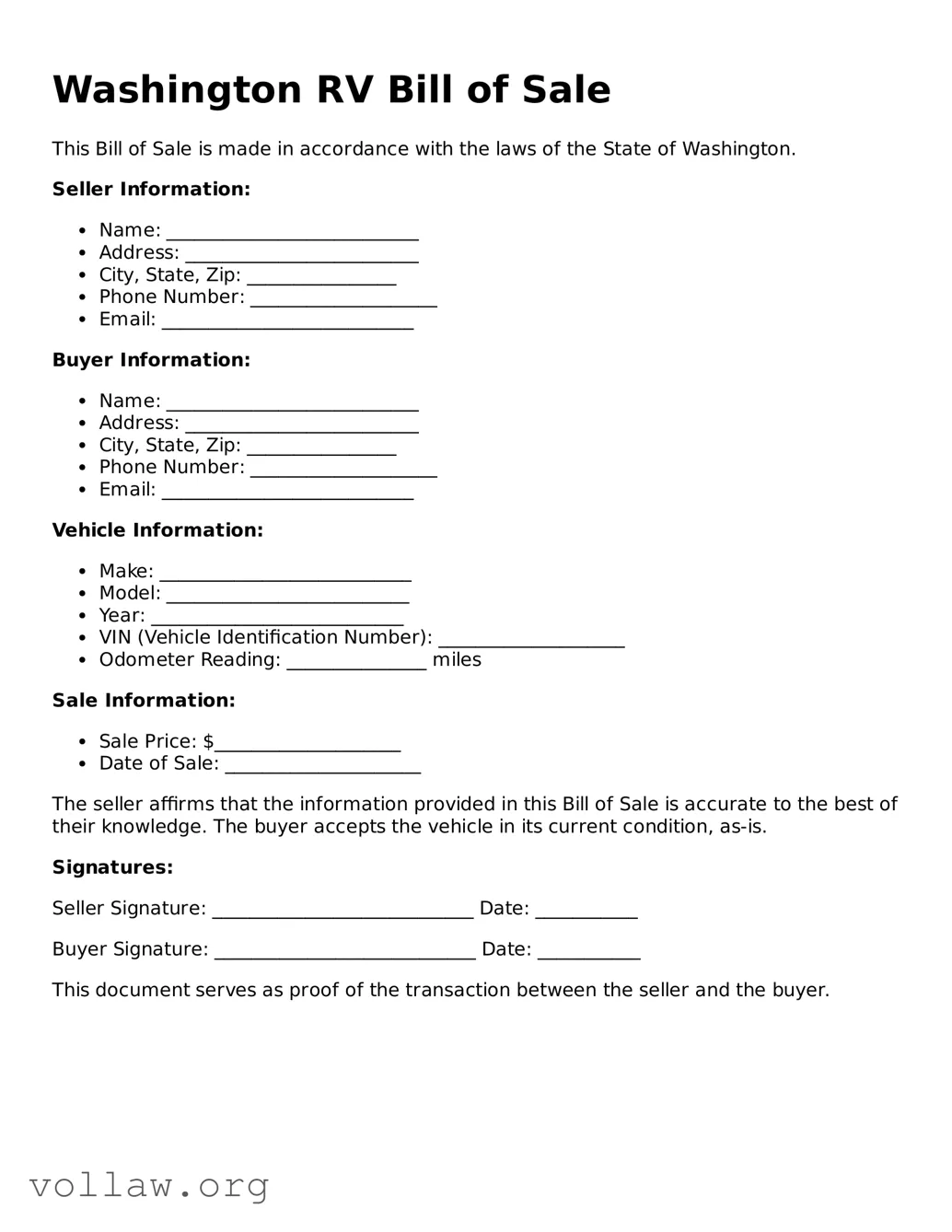 Attorney-Verified  RV Bill of Sale Form for Washington