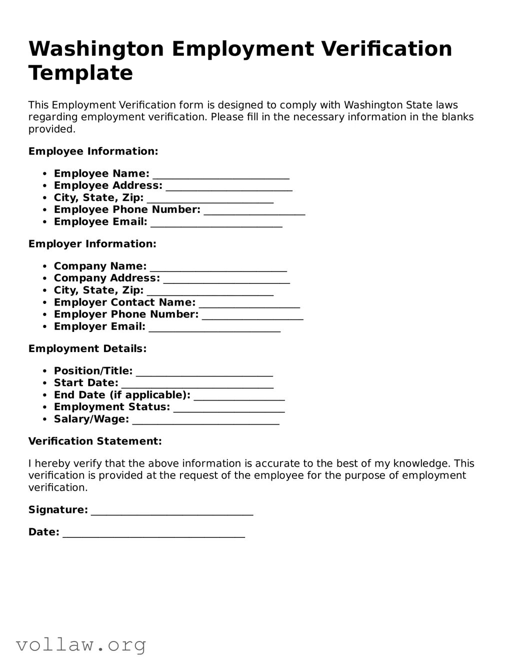Attorney-Verified  Employment Verification Form for Washington
