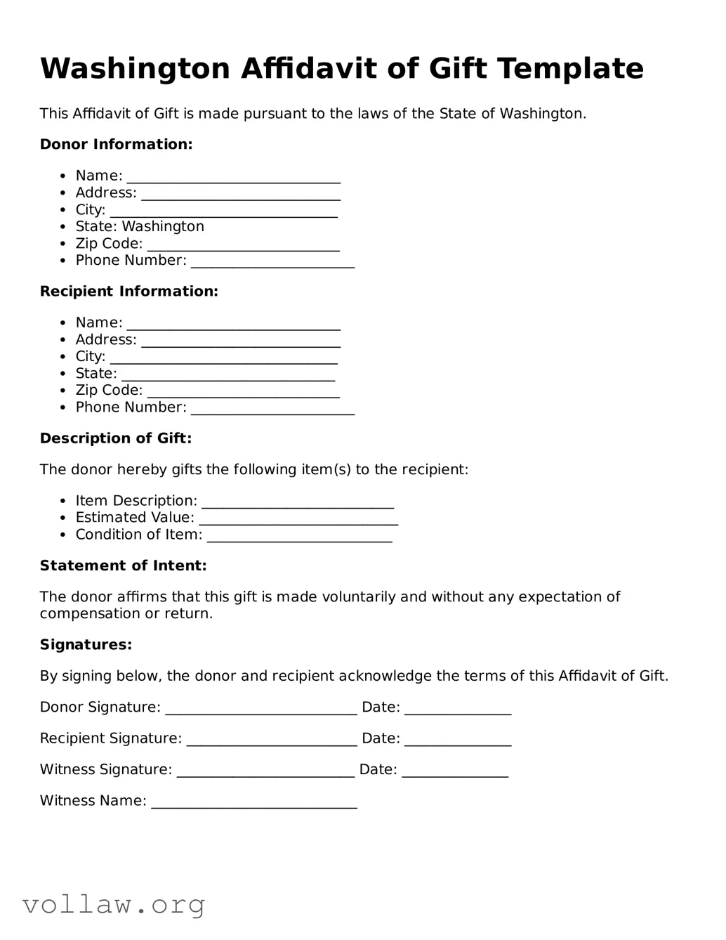 Attorney-Verified  Affidavit of Gift Form for Washington