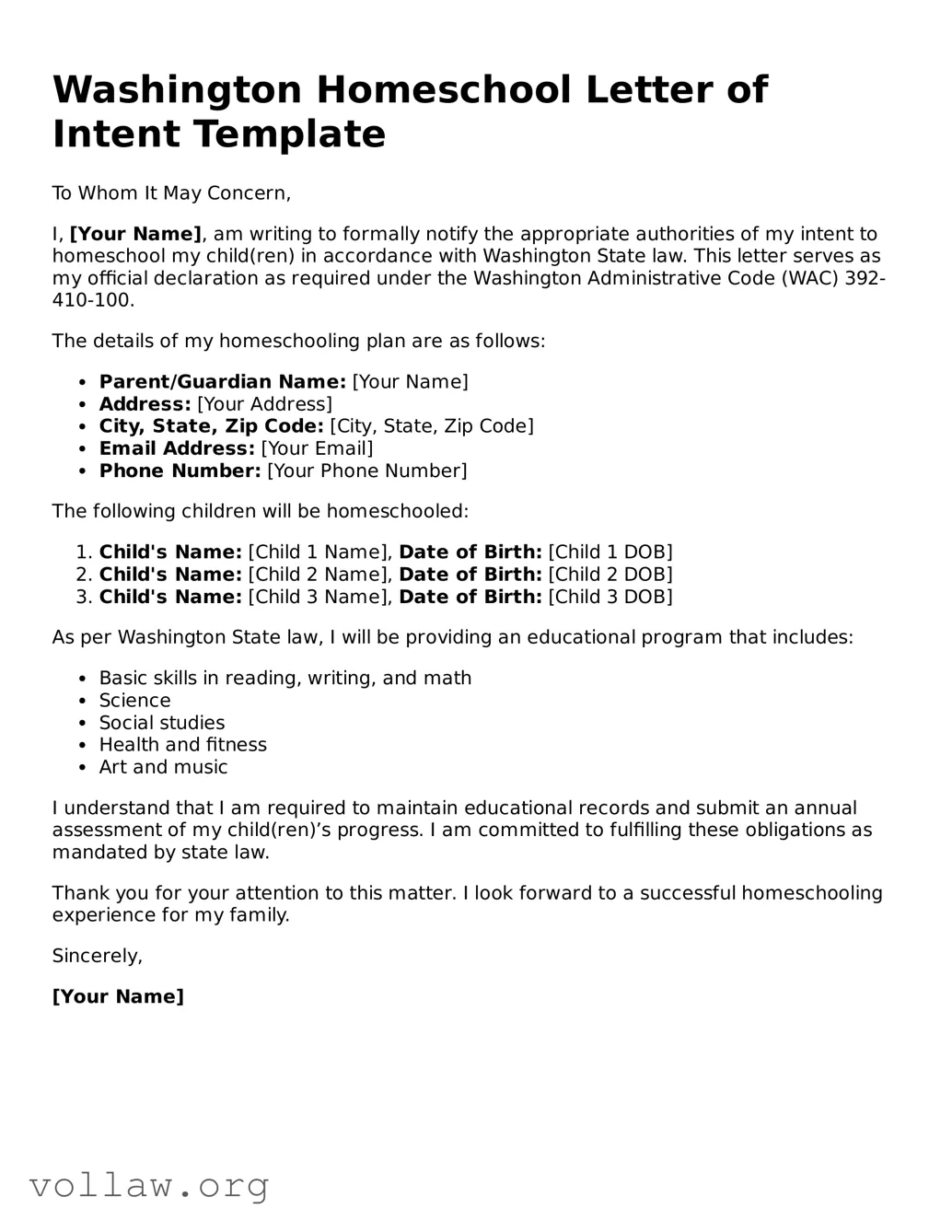 Attorney-Verified  Homeschool Letter of Intent Form for Washington