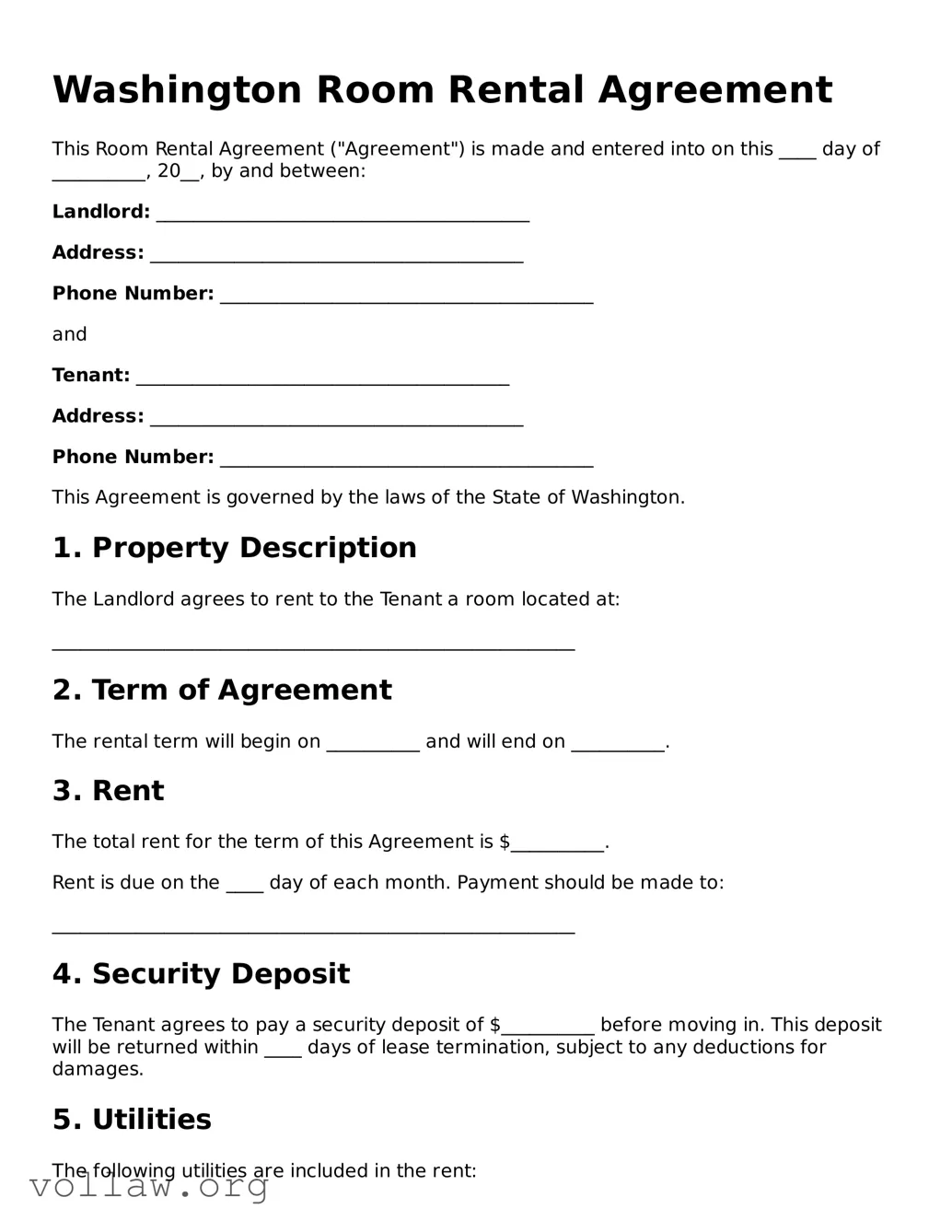Attorney-Verified  Room Rental Agreement Form for Washington